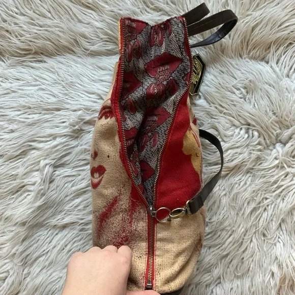 Desigual X Christian Marilyn Monroe Tan Fabric Expandable Crossbody Tote Bag EUC